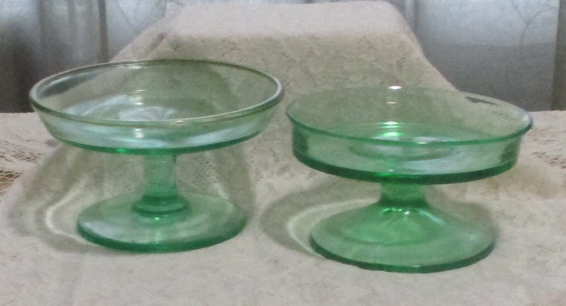 Two Compote's, Green Depression Glassware, Candy Dishes, Vaseline Glassware, Home Decor, Wedding Gift image 1