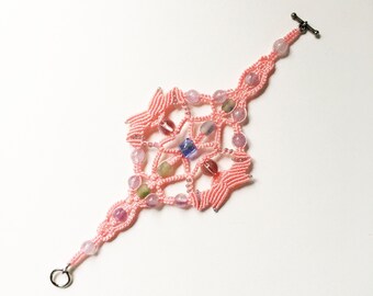 Pink Micromacrame boho cuff bracelet with rose quartz, beach glass, and Swarovski crystal globe beads