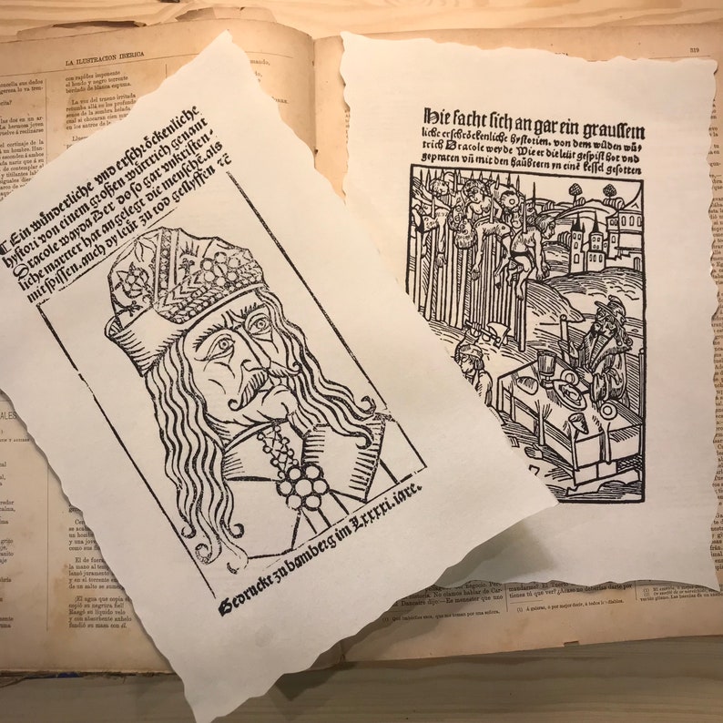 May include: A black and white woodcut print of Vlad the Impaler, also known as Dracula, with the text "Ein wi&aring;nderliche und erschrockenliche bystori von einem gro&szlig;en wittrich genaut Sracole wayda Ber do so gar vnkriften liche martter hat angelegt die mensche.als mitspiffen.auch dy leut zu rod gellyffen t&euml; Bedruckt zu bamberg im Zxxxxi.iare." printed below the image.