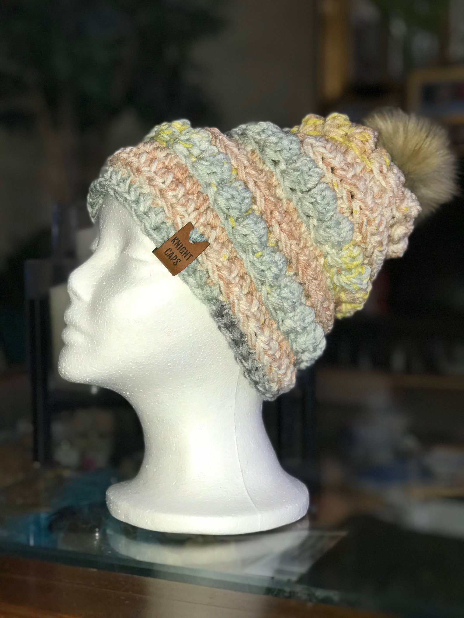 Crochet Bobble Toboggan With Faux Fur Pom Pom Etsy