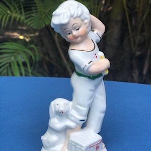Vintage Ceramic Collectible Porcelain Figurine Boy With Dog Hand Painted Figurine