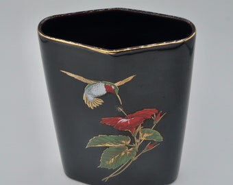 Otagiri Hummingbird Vase Diamond Black China Gold Trim