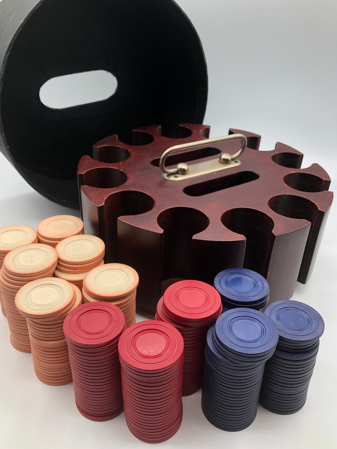 Vintage Wooden Poker Chip Caddy Lazy Susan With Chips and Etsy UK