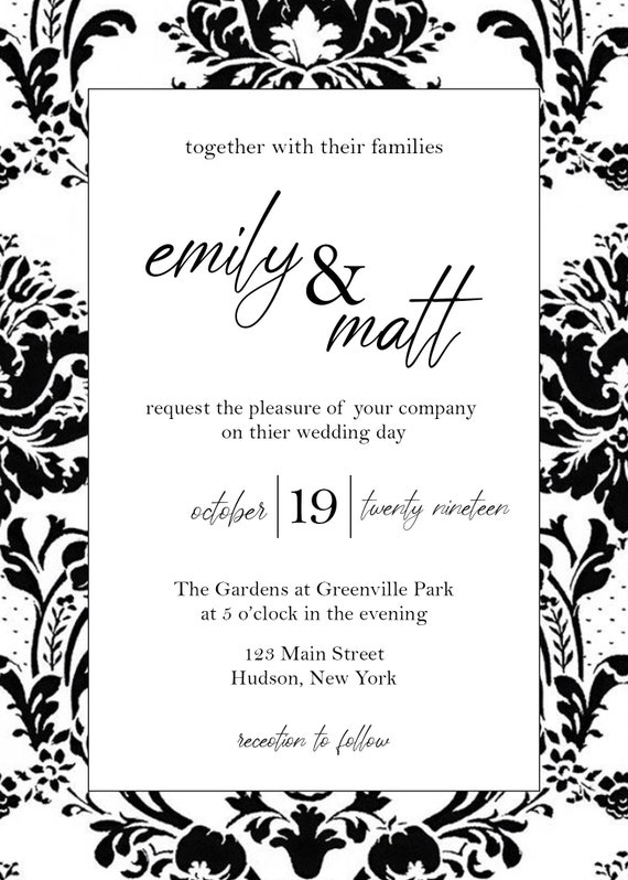 CUSTOM Black White Damask Invitations 5x7 Wedding Invites Etsy