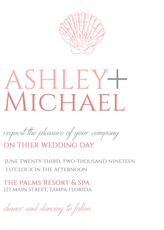 Custom Seashell Coral Beach Invitations 5x7 Wedding Invites Custom Stationary Template Printable