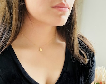 Dainty Gold Initial Necklace, Personalized Letter Disc, Simple Jewelry