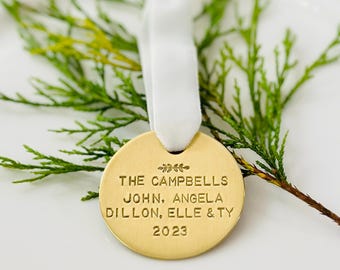 Personalized Brass Christmas Ornament, Hand Stamped Holiday Keepsake