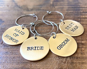 Hand Stamped Brass Wine Charms, Wedding Mr Mrs Drink Markers