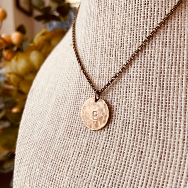 Personalized Hammered Brass Letter Necklace, Monogram Initial Jewelry