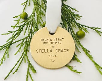 Baby's First Christmas Ornament, Custom New Mom Gift, Solid Brass, Personalized Baby Shower Gift, Mother's Day Keepsake, Gift for Parents