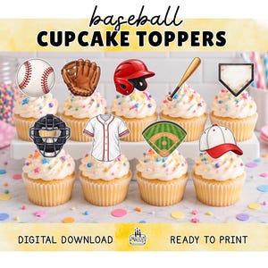 Könnte beinhalten: Ein Set aus Baseball-Cupcake-Toppern mit Illustrationen von Ball, Handschuh, rotem Helm, Schläger, Home Plate, Catcher-Maske, Trikot, Spielfeld und Kappe. Der Text lautet baseball CUPCAKE TOPPERS, DIGITAL DOWNLOAD und READY TO PRINT.