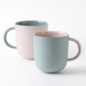 Handcrafted ceramic coffeemugs in various colors, modern porcelain 12 oz mug with large handle, matte pastel colors, hand made to order