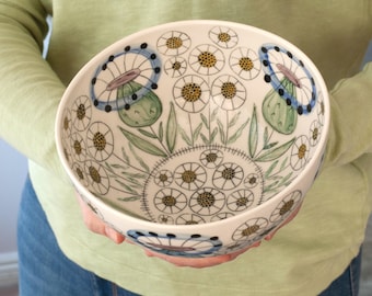 Tall salad bowl with daisies, colorful unique mixing bowl with flower pattern, fine porcelain bowl handmade and handpainted, in stock