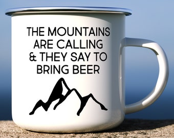 Hiking Mug, Enamel Camping Mug, Funny Camp Mugs, Enamel Mugs, Campfire Mugs, Camping Gift, Hiking Gift, Adventure Mug, Mountains Are Calling