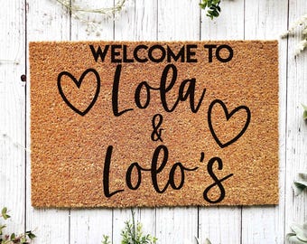 Welcome to Lola and Lolo's Door Mat, Gift for Lola, Gift for Lolo, Lola Birthday Gift, Lolo Christmas, Custom Housewarming Outdoor Rug