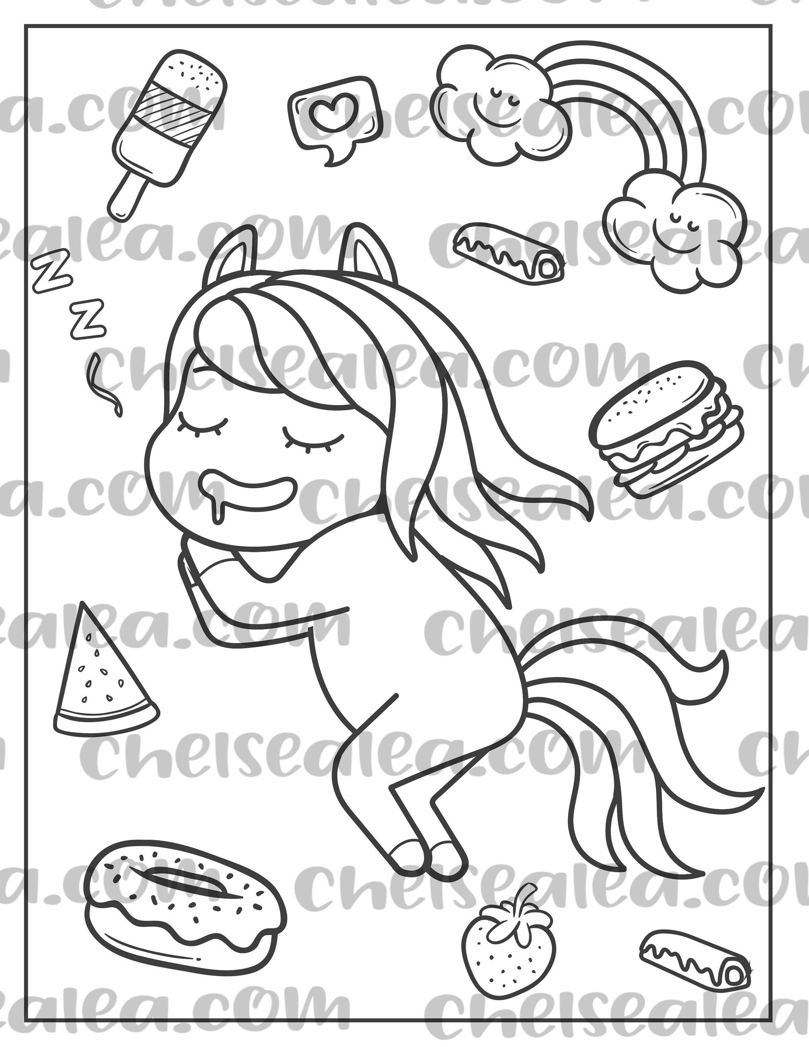Cute Unicorn Foodie Coloring Page Instant Download Etsy
