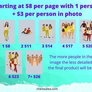 May include: An advert with illustrations of people, each with a price. The text reads "Starting at &pound;8 per page with 1 person + &pound;3 per person in photo." The more people in the image, the less detailed the final product will be.