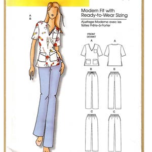 May include: A Butterick sewing pattern for a woman's modern fit scrub set. The pattern includes a short-sleeved top with pockets and light blue pants. The pattern is by Connie Crawford and includes ready-to-wear sizing.