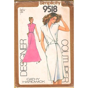 May include: Vintage Simplicity 9518 Designer Couture sewing pattern. The cover features illustrations of a wrap dress in white and pink. The pattern includes the text "Cathy Hardwick" and "Size 14 Miss".