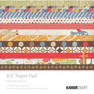 May include: A paper pad from the Little Toot Collection, featuring various patterned papers. The papers have designs with geometric shapes, stripes, dots, and travel-themed illustrations. The pad is 6.5 inches square and includes 24 sheets of 160gsm designed paper.