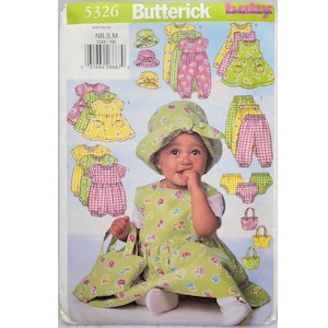 Infant Sewing Pattern Butterick 5326 Newborn to Medium Dress Jumper Romper Jumpsuit Pants Hat & Bag