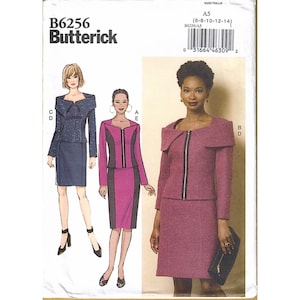 May include: Butterick B6256 sewing pattern featuring three women's suit designs. The pattern includes a jacket with a unique collar and a skirt. The pattern size is A5 (6-8-10-12-14).