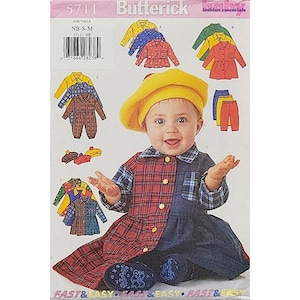 Infant Dress & Jumpsuit Sewing Pattern Butterick 5711 Newborn to Small Baby Outfit Top Leggings Hat Set