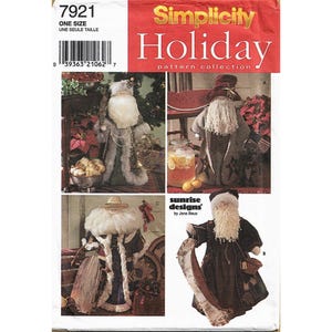 May include: Simplicity Holiday pattern collection featuring Santa Claus designs. The pattern includes various Santa Claus figures with different outfits and accessories. The designs are by Jana Beus.
