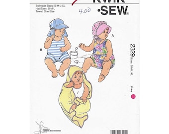 Kwik Sew 2329, Baby Swimsuit, Hat & Towel Sewing Pattern, Newborn to 18 Months, UNCUT