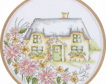 Tuva's Country House Cross Stitch Kit with Wooden Hoop - DIY Craft