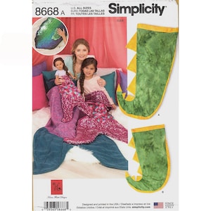 Novelty Blankets For Adult, Child And 18" doll Mermaid Tail OR Dinosaur Tail Simplicity Sewing Pattern 8668 UNCUT
