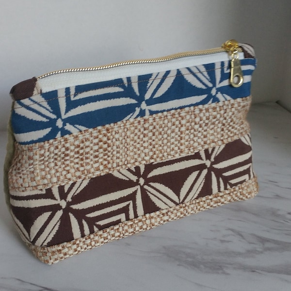 Handmade Zipper Bag in Earthy Brown, Navy Blue and Forest Green