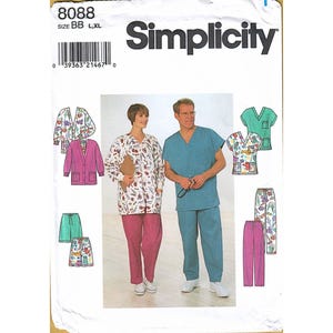May include: Simplicity sewing pattern 8088 featuring scrubs and medical attire. The pattern includes a variety of tops and pants in different colors and prints. The image shows a woman in pink pants and a patterned jacket, and a man in blue scrubs.