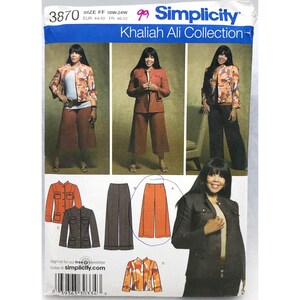 May include: Simplicity sewing pattern featuring the Khaliah Ali Collection. The pattern includes images of a jacket and pants ensemble. The pattern number is 3870, and the size is FF 18W-24W.
