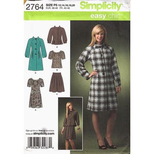 May include: A Simplicity 2764 sewing pattern envelope for easy chic garments. The cover displays illustrations of a coat, a top, and a skirt, alongside photographs of a plaid coat and a solid brown jacket and skirt set. Includes size P5 12-20.