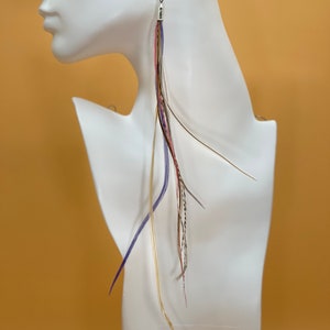 Handmade Earring - long thin Rooster feather earring - mixed colors of grizzly feathers in white metal finding