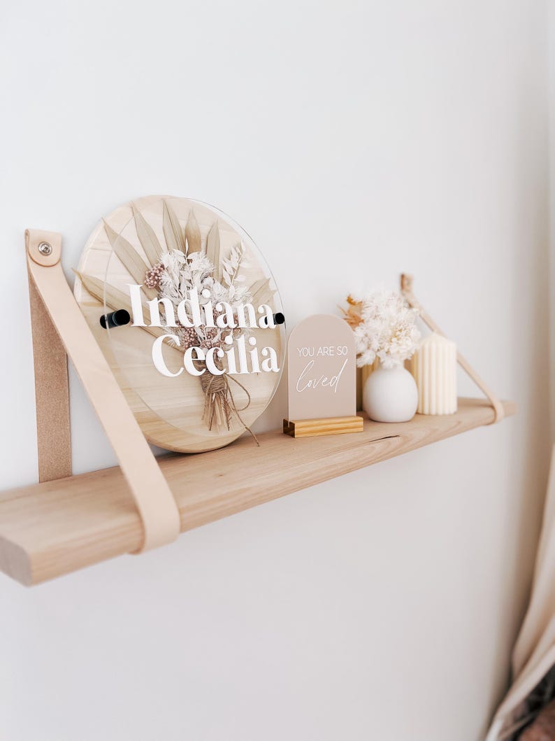 Leather Strap Timber Shelf: Curved Edge Wooden Shelves image 2