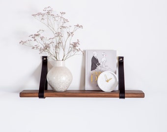 Rustic Leather Strap Shelf | Timber Shelves | Wooden Shelf with Leather Strap