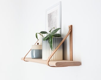 Curved Edge Shelf | Leather Strap Timber Shelves | Wooden Shelf with Leather Strap