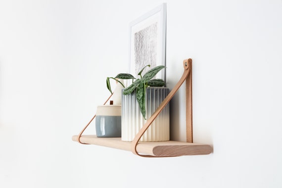 Leather Strap Timber Shelf: Curved Edge Wooden Shelves