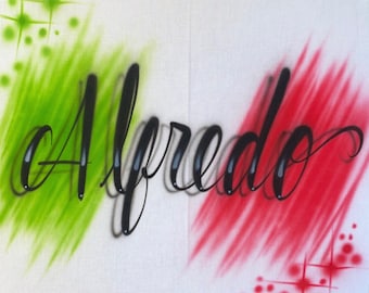 Alfredo Airbrush Name-Airbrush-Diseño de camiseta aerografiada Regalo de cumpleaños personalizado Letras graffiti Letras de goteo Colores bicolor Bandera mexicana
