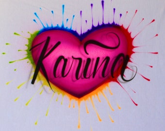 Karina Airbrush Name-Airbrushed T-shirt Design Personalized Birthday Gift Calligraphy Lettering heart splash rainbow