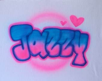 Custom airbrushed name personalized shirt Jazzy Birthday gift Bubble lettering Pink