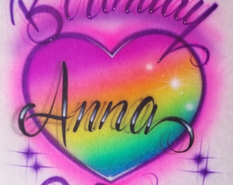 Rainbow Airbrush Name-Airbrushed T-shirt Design Personalized Birthday Gift Rainbow Heart Calligraphy Lettering