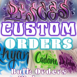May include: Custom orders welcome. Three white t-shirts with airbrushed designs. The shirts feature the names "Rhyan", "Cadence", and "DeAndre" in colorful, stylized lettering.  The top of the image shows a pair of blue jeans with an airbrushed design that says "Princess" in pink and purple.