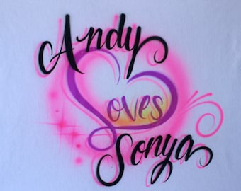 AIRBRUSHED SCRIPT couples names personalized shirt Birthday gift wedding gift Valentines Gift Love