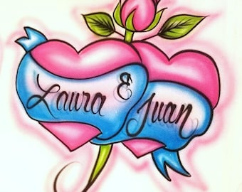 Laura & Juan Couples Heart-Rose Name-Airbrushed T-shirt Design Personalized Birthday Gift Valentines Gift