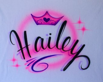 Custom airbrushed name personalized shirt Hailey Birthday gift pink Calligraphy Tiara