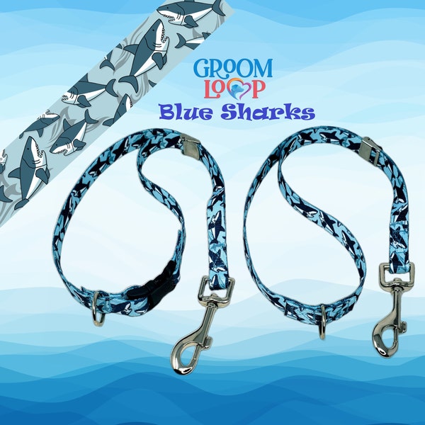 Grooming Loop Blue SHARKS 5/8" Polyester Webbing, 3 sizes -16", 20", 24"  with Locking Clip. With or Without a Buckle. (Listing is for 1pc)