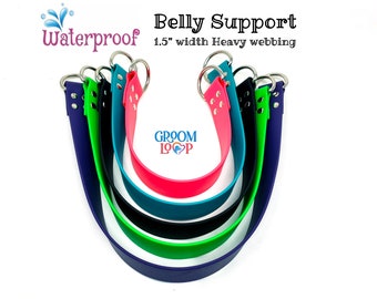 May include: Five different colored, 1.5 inch wide, waterproof belly support dog collars with silver D-rings. The collars are in the following colors: purple, green, black, teal, and pink. The collars are labeled "Groom Loop" and "Waterproof".